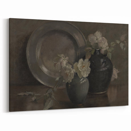 Dark Moody Still Life Floral Art - Timeless Vase and Plate Decor