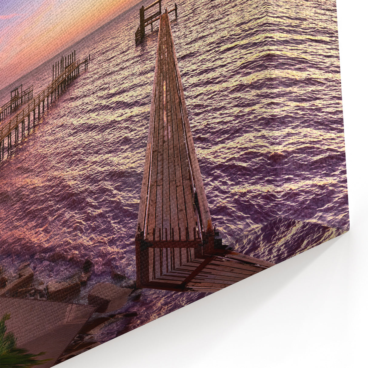 Houston Wall Art - Serene Waterfront Sunset with Piers and Palm Trees