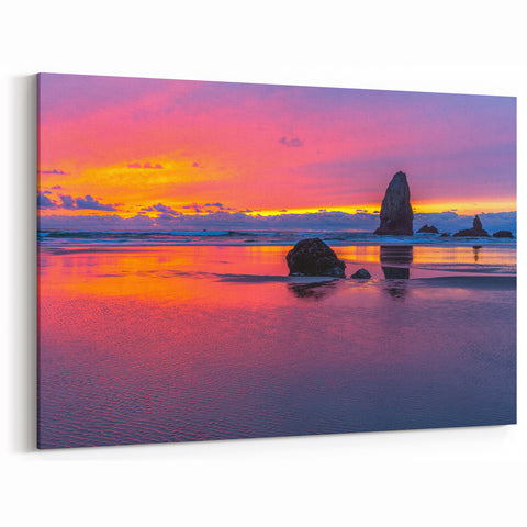 Cannon Beach Seascape Wall Art - Vibrant Sunset with Haystack Rock