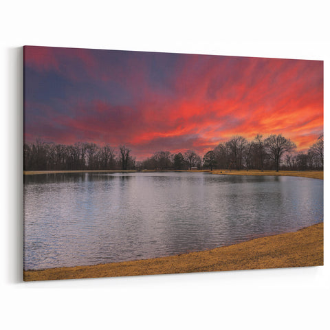 Memphis Scenic Art - Fiery Sunset Over Lake with Trees Landscape Canvas