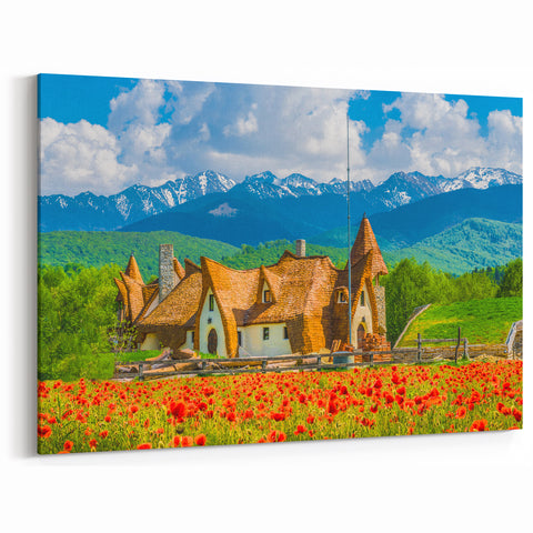 Romania Wall Art - Traditional Cottage and Carpathian Mountains Print