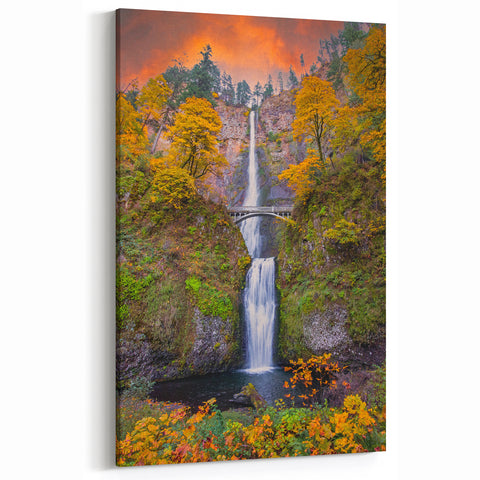 Beautiful Multnomah Falls Wall Decor - Vibrant Autumn Sunset Landscape