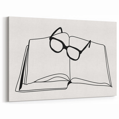 Bohemian Wall Art - Minimalist Line Art of Open Book and Glasses Canvas