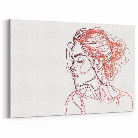 Boho Chic Wall Art - Abstract Line Art Female Portrait in Red and Black