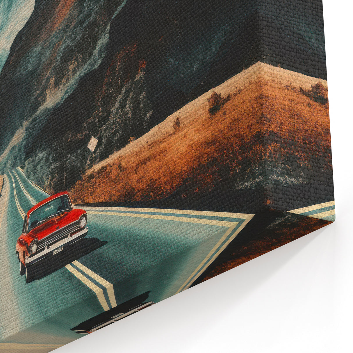 Boho Wall Art - Retro Road Trip Car in Colorful Mountain Landscape Canvas