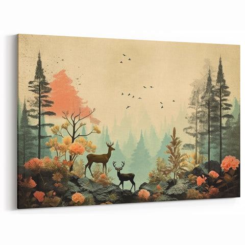 Boho Wall Art - Serene Forest Landscape with Deer Bohemian Canvas Art