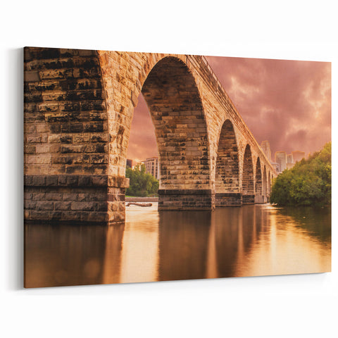 Minnesota City Skyline Canvas – Stone Arch Bridge Sunset Scene