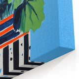 Playful Electric Botanical Art - Vibrant Striped Pot with Blue Flowers