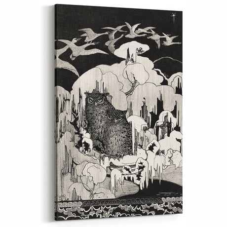 Dark Decor Style - Mysterious Owls Illustration on Gothic Canvas Print