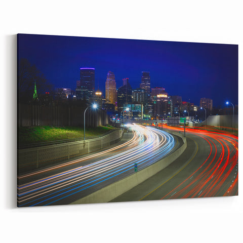 Minneapolis Photography Prints – Vibrant Night Skyline with Light Trails