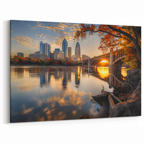 Twin Cities Artwork – Minneapolis Skyline and Autumn Sunset Reflections