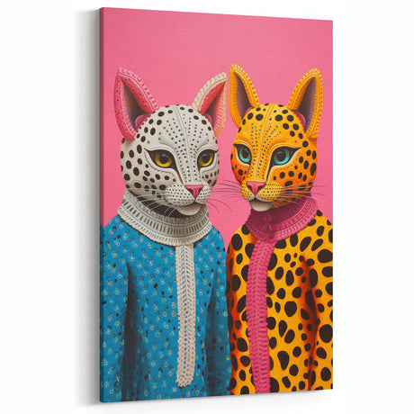 Vibrant Electric Animal Art - Colorful Cat Duo Portrait Modern Canvas