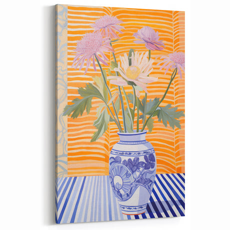 Electric Floral Wall Art - Modern Flower Vase with Vibrant Striped Background