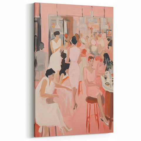Electric Social Scene Wall Art - Vibrant Pink Modern Café Gathering