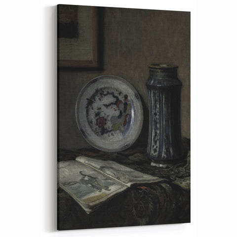 Dark Moody Wall Art - Vintage Still Life with Plate and Vase for Interiors