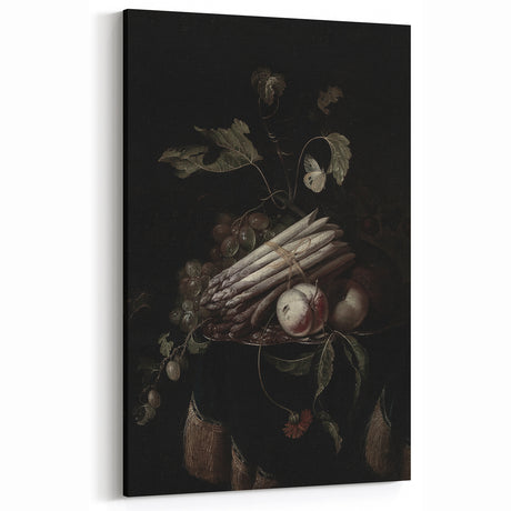 Dark Moody Wall Art - Elegant Still Life with Asparagus and Fruit