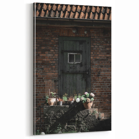 Rustic Green Door & Brick Wall Art – Farmhouse Vintage Garden Decor