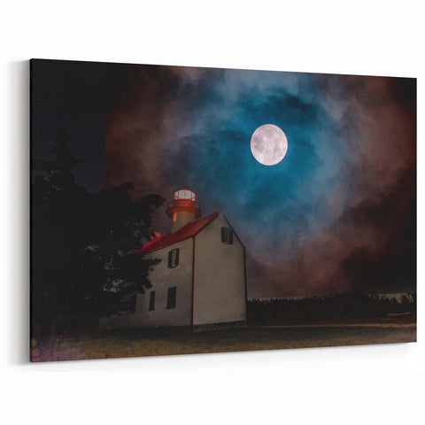 New Jersey Wall Art – Full Moon Over Lighthouse Scenic Night Photography