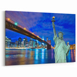 Framed New Jersey Art – Statue of Liberty and Brooklyn Bridge Night Scene