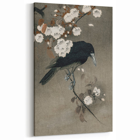 Grunge Crow and Floral Branch Wall Art - Vintage Grunge Canvas Print