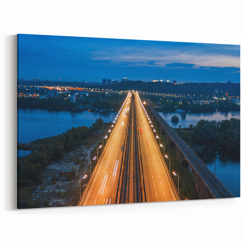 New Jersey Skyline Prints – Nighttime Highway Lights Over Scenic Water