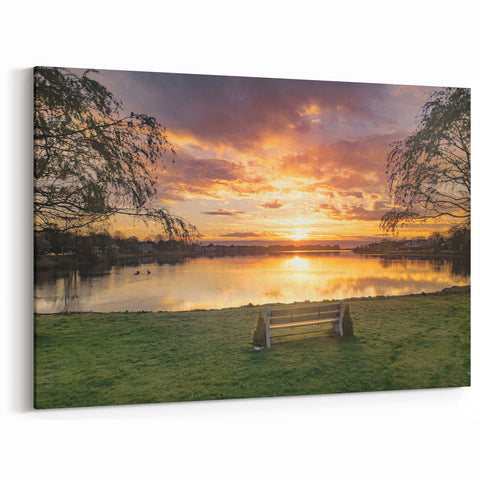 New Jersey Landscape Art – Sunset Over Lakeside with Bench Scenic Print