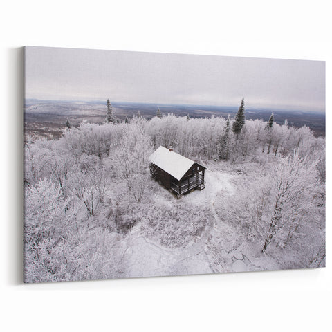 Adirondacks Wall Art – Snowy Cabin in Winter Forest with Mountain View