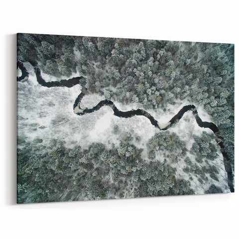 Adirondacks Canvas Art – Aerial View of Snowy River and Winter Forest