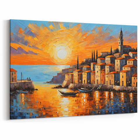 Sunset Coastal Town Wall Art – Vibrant Mediterranean Seaside Print