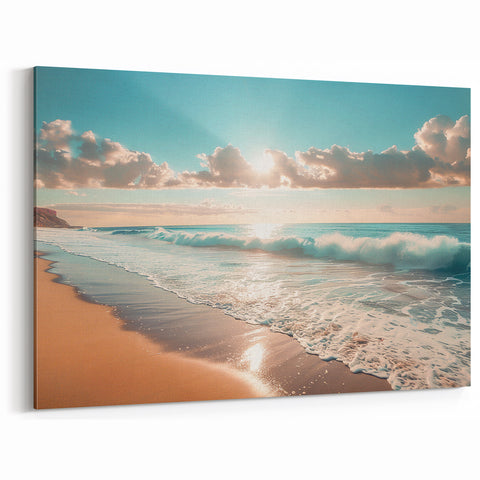 Coastal Wall Art: Vibrant Sunlit Ocean Waves Beach-Themed Canvas