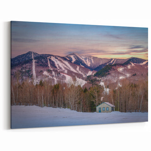 Adirondacks Canvas Art – Winter Mountain Landscape with Cabin Scene