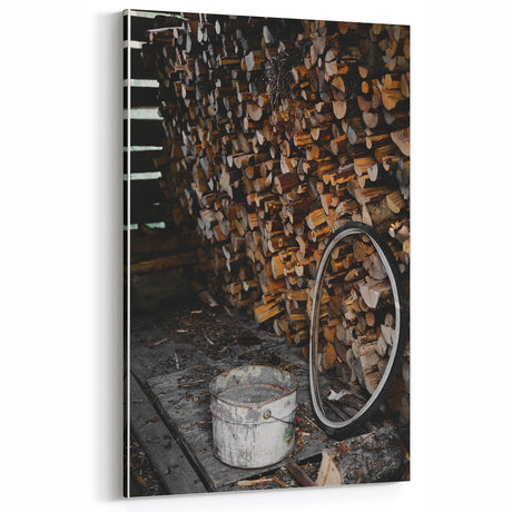 Rustic Wall Art - Stacked Firewood and Old Bucket, Farmhouse Decor Print