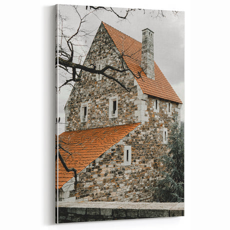 Rustic Wall Art - Stone Cottage with Red Roof for Farmhouse Decor