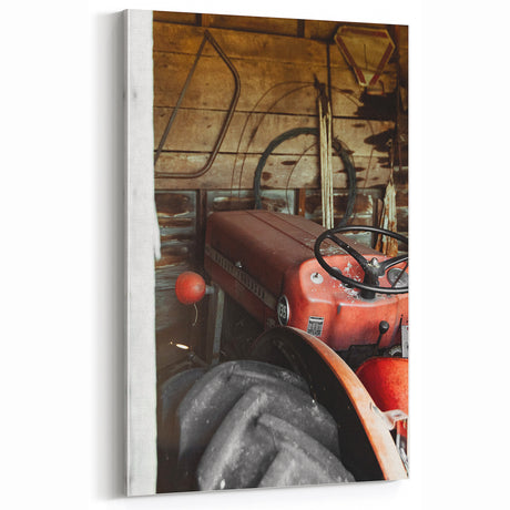 Rustic Wall Art - Vintage Red Tractor in Barn for Farmhouse Charm