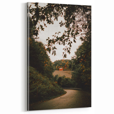 Rustic Landscape Art - Serene Country Road with Distant Red Barn
