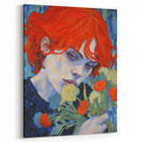 Electric Wall Art: Red-Haired Woman with Flowers Vibrant Art Print