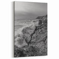 Coastal Wall Art - Black and White Ocean Waves on Rocky Shoreline Print