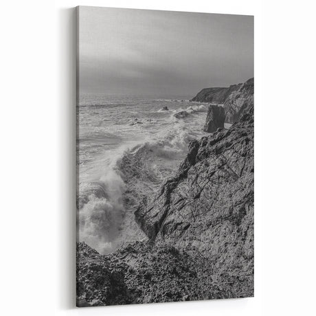 Coastal Wall Art - Black and White Ocean Waves on Rocky Shoreline Print