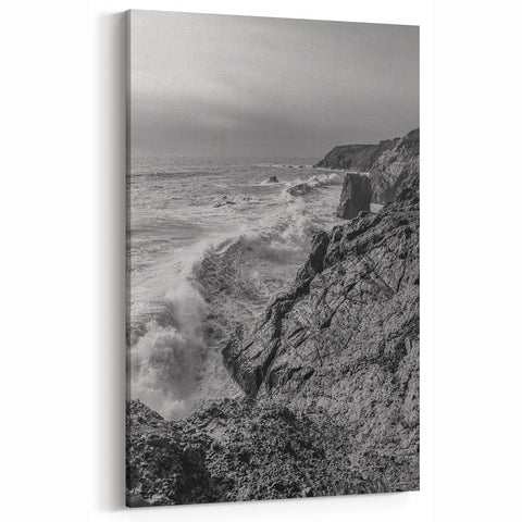 Coastal Wall Art - Black and White Ocean Waves on Rocky Shoreline Print
