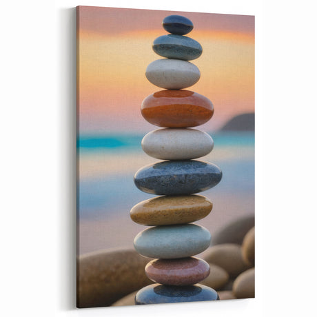 Coastal Wall Art - Colorful Stacked Stones at Sunset Beach-Themed Print