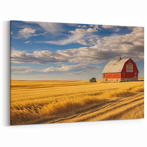Red Barn in Golden Wheat Fields - North Dakota Scenic Art & Canvas Prints