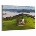 Slovenia Landscape Art - Misty Hillside Church Canvas