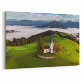 Slovenia Landscape Art - Misty Hillside Church Canvas