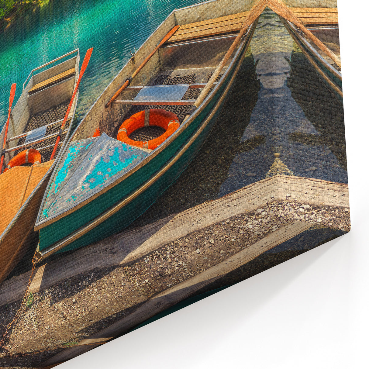 Slovenia Wall Art - Colorful Boats on Alpine Lake Canvas