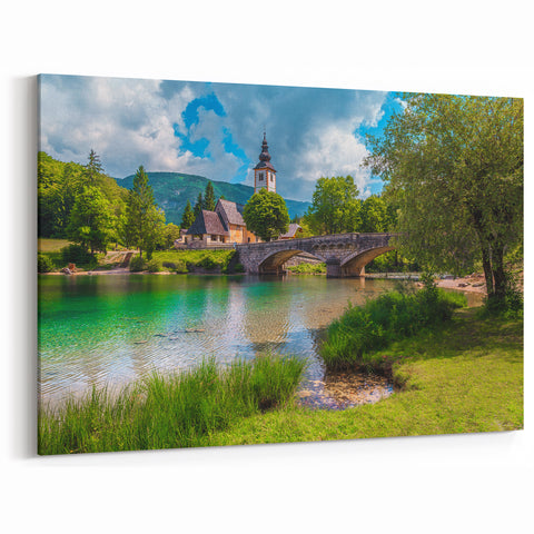 Slovenia Framed Art - Bridge and Church by Lake Canvas