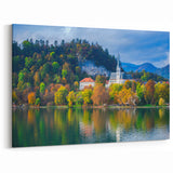 Scenic Slovenia Prints - Autumn Church by Lake Canvas Art