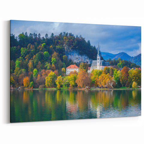 Scenic Slovenia Prints - Autumn Church by Lake Canvas Art