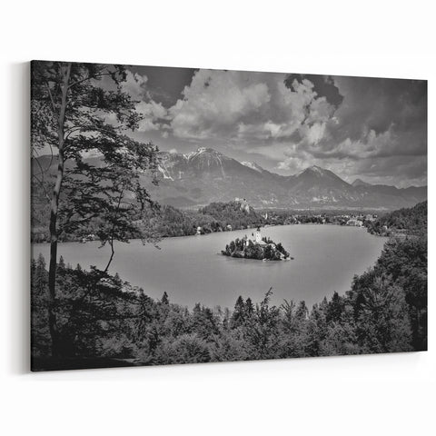 European Scenery Wall Art - Black and White Lake Bled Canvas