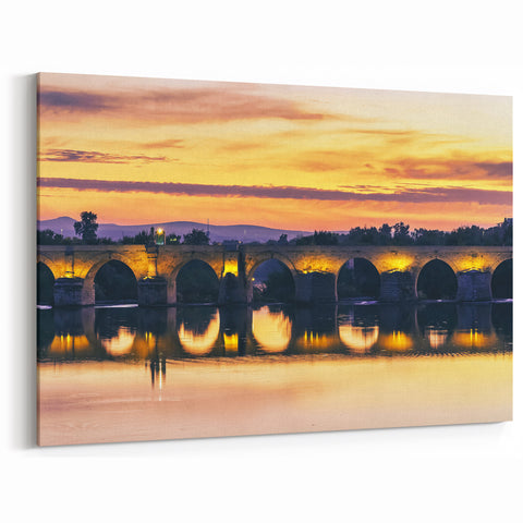 Framed Andalucía Art - Illuminated Roman Bridge at Sunset Reflection