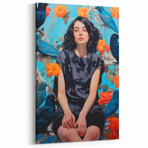 Maximalist Wall Art - Bold Eclectic Portrait with Birds - Vibrant Decor Piece